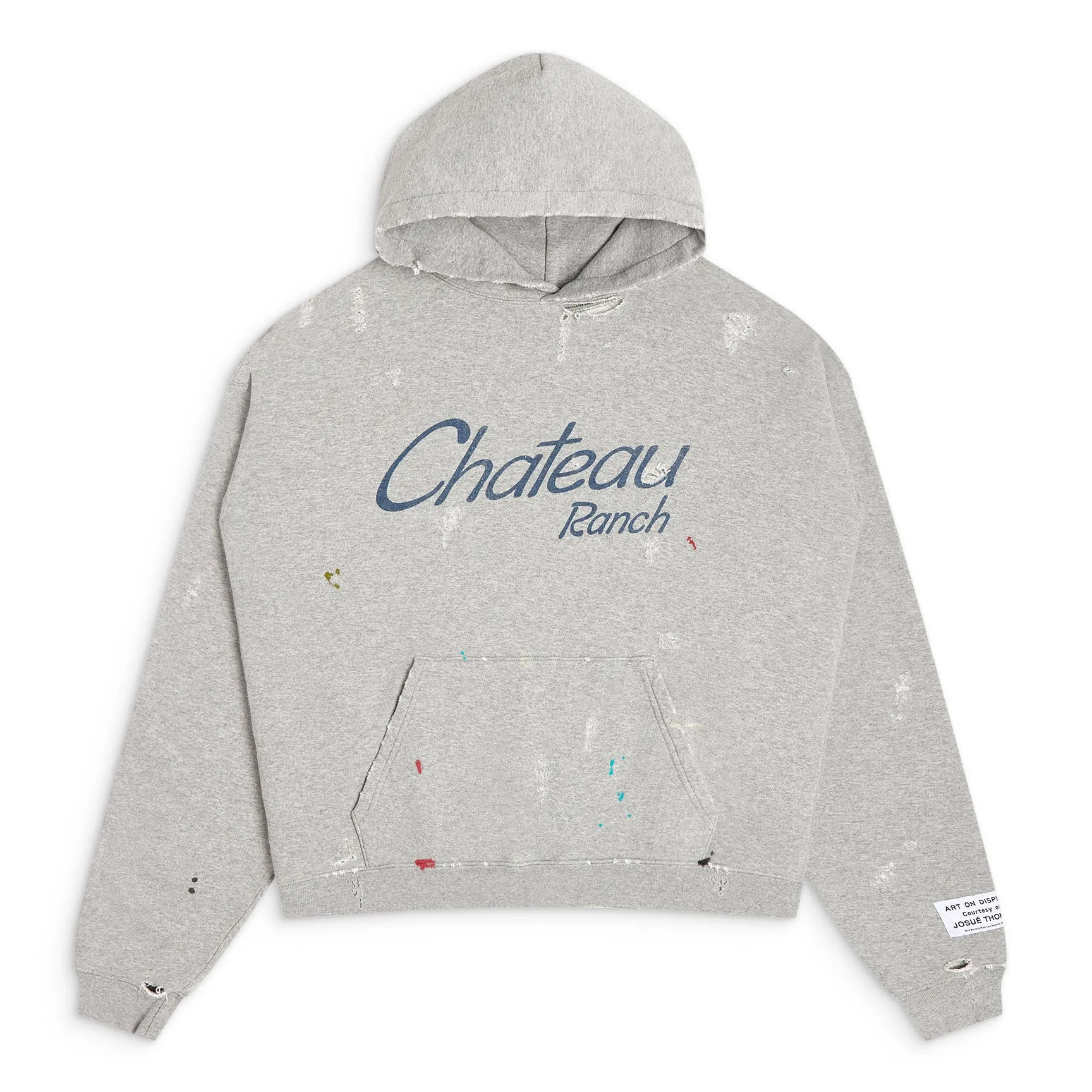 GALLERY DEPT. CHATEAU RANCH HOODIE/HEATER GRAY Horseshoe Winery Splashed Ink Destroyed Hoodie Washed Gray S-XL Assute Reactive Dyes Ready-made Horseshoe Fading Process Post-Fry Color Processing Super Heavy and Cumbersome Too Many Cuts and Hanging Wormhole Destruction Process➕Hand-Splashed Ink Very Time-consuming and Labor-intensive Correct Version Original Main Mark➕Large Main Mark➕Yellow Wash Mark The original BOXY short and wide version has not been changed at all. God-cut. Authentic level printing process. Post-washing treatment to show natural aging effect.